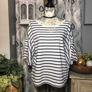a.n.a cotton/poly knit striped ruffle sleeve sweatshirt